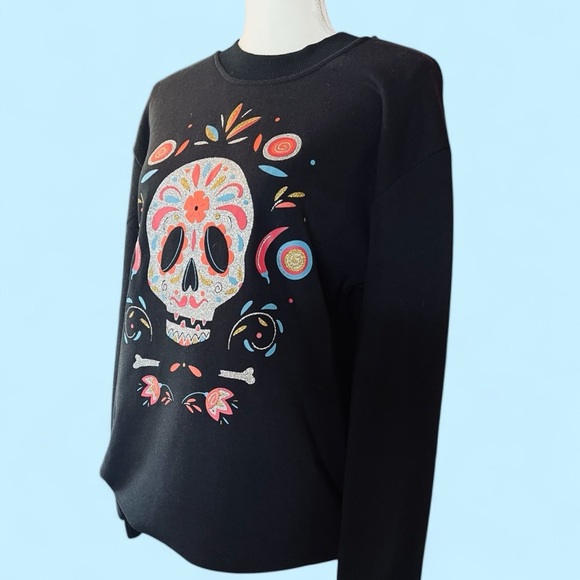 Black Sweatshirt with a Sugar Skull Colored in with a Touch of Gltter - Picture 2 of 4
